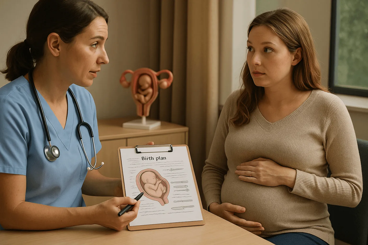 verloskundige bespreekt geboorteplan met zwangere vrouw spreekkamer