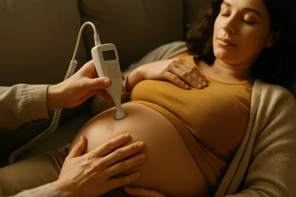 verloskundige met doptone op zwangere buik van vrouw