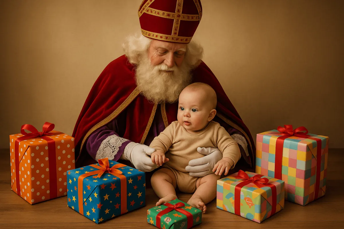 vier sinterklaascadeaus baby ingepakt kleurrijk papier op vloer