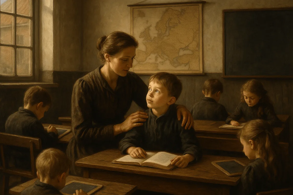 vintage klaslokaal 1900 kinderen op houten schoolbanken Nederland