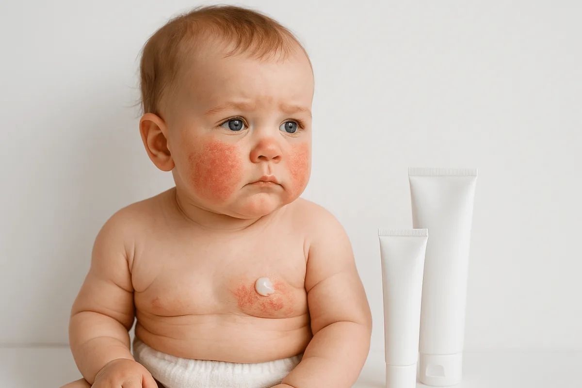 vochtcrème baby eczeem op witte achtergrond tubes