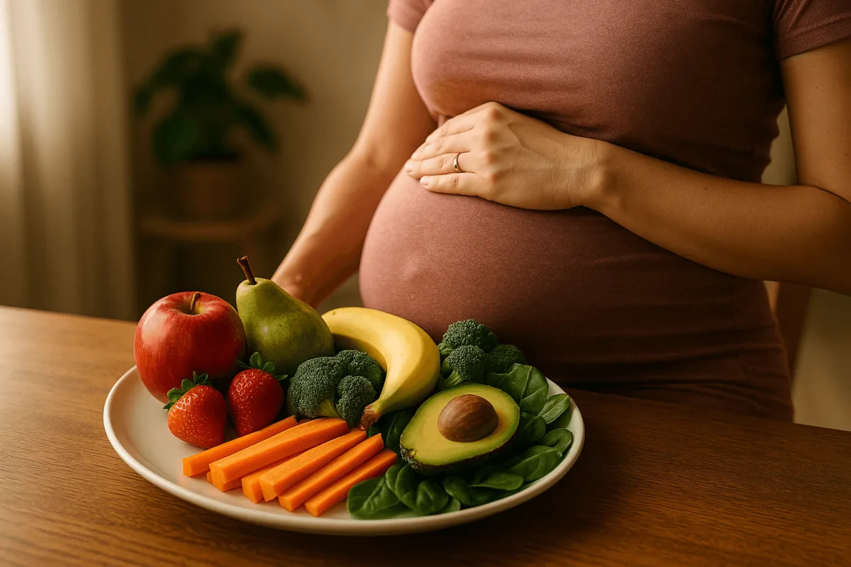 voeding derde trimester zwangerschap gezond bord met fruit en groenten