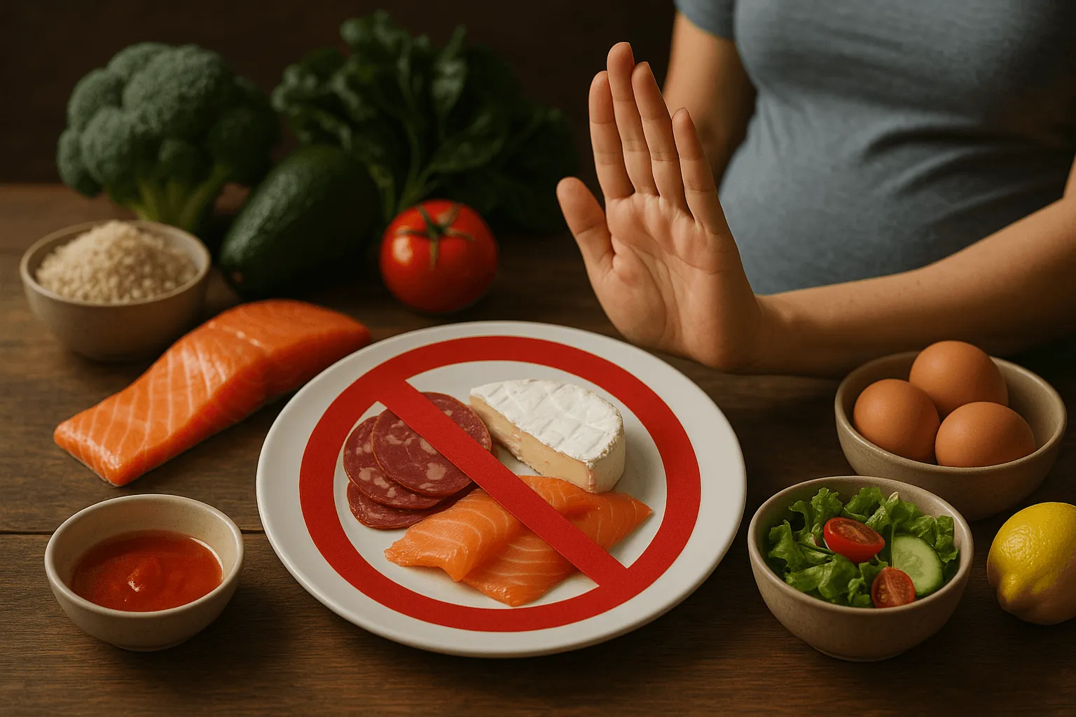 voedingsmiddelen vermijden zwangerschap overzicht op tafel, gezond eten