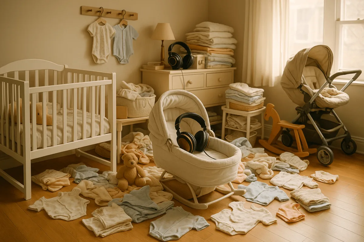 volle babykamer met overdaad aan ongebruikte babyspullen