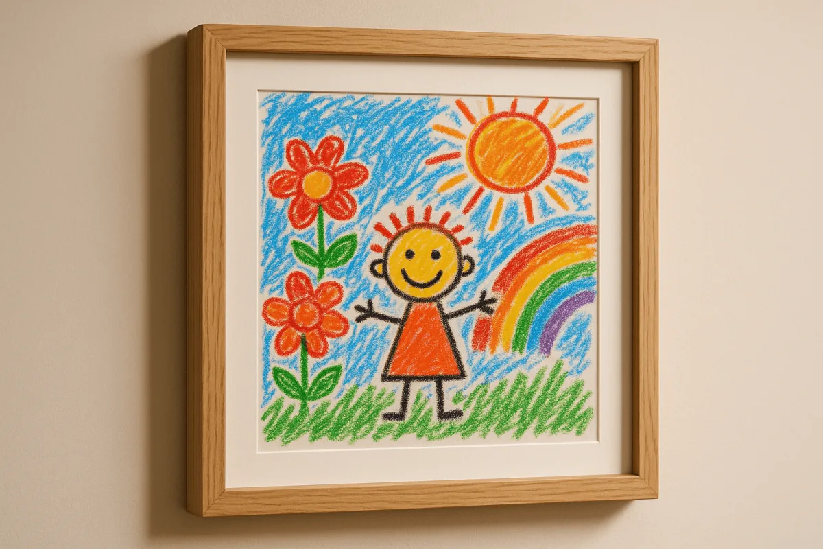 vrolijk gekleurd kindertekening hangen aan de muur als kunst