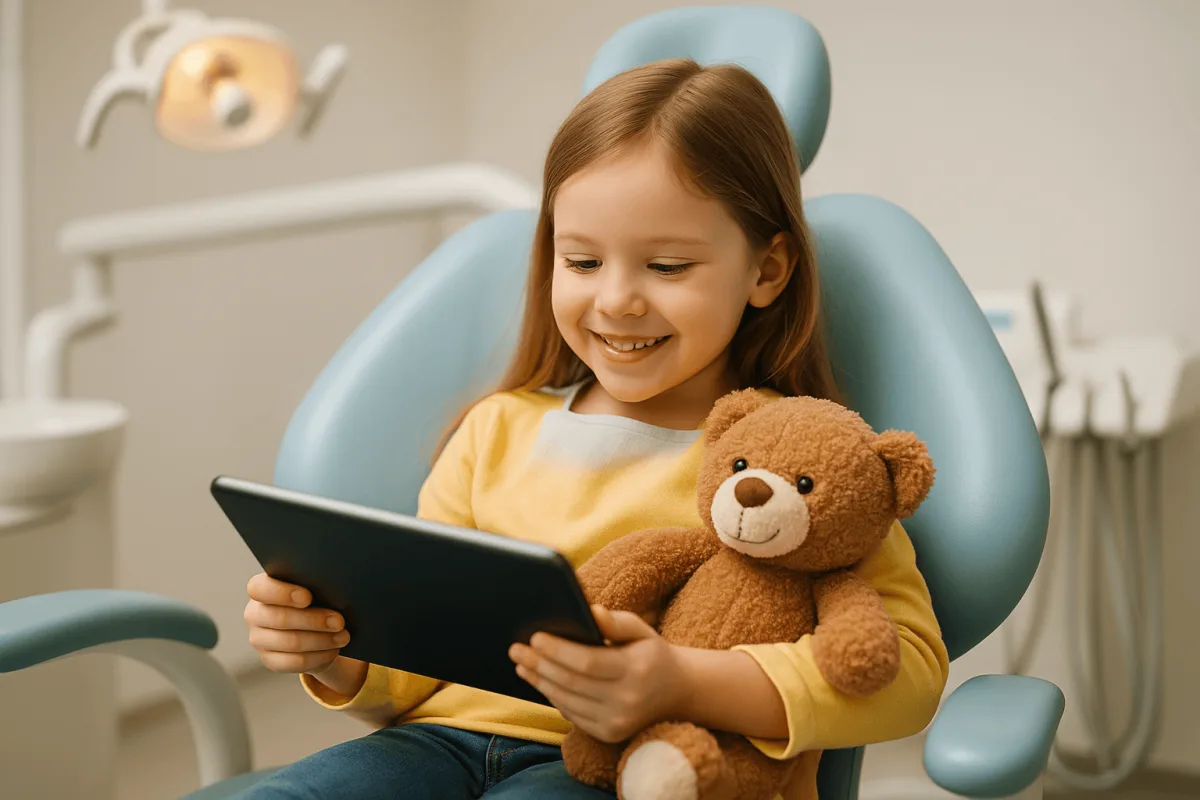 vrolijk kind in tandartsstoel met knuffel en tablet voor afleiding