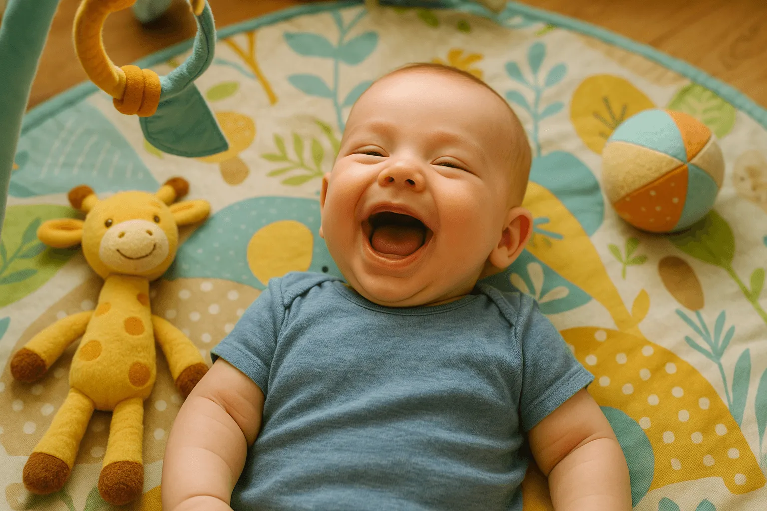 vrolijke baby lacht breed tijdens speeltijd op speelkleed