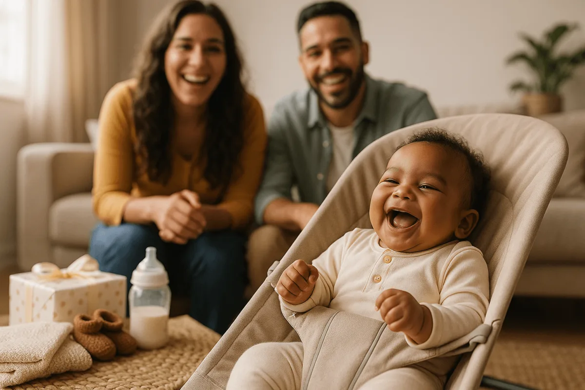 vrolijke baby in wipstoeltje lachend met ouders op de achtergrond