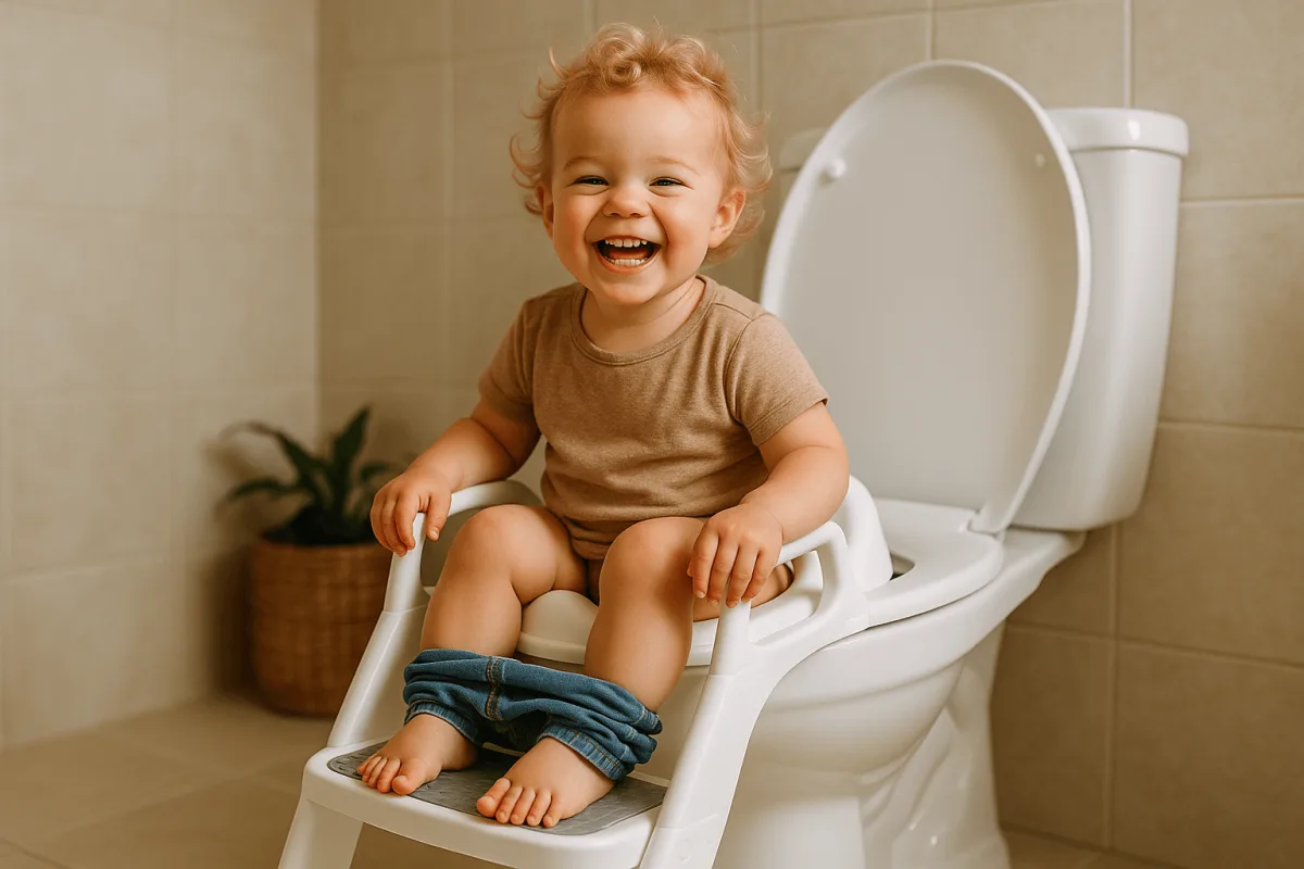 vrolijke peuter op toilet met verhoger zelfstandig zindelijk worden