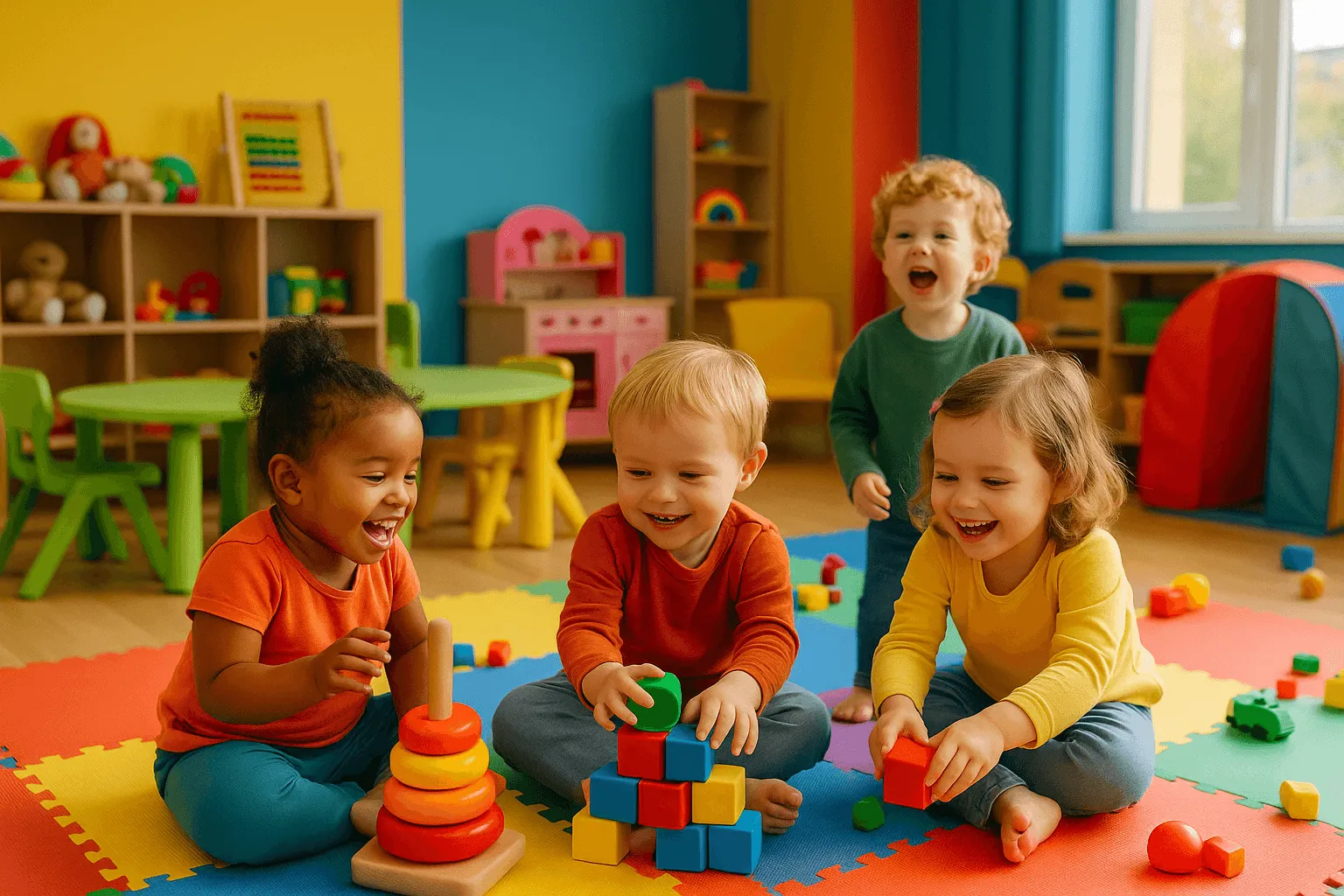 vrolijke peuters spelen samen in kleurrijke ruimte op kinderdagverblijf