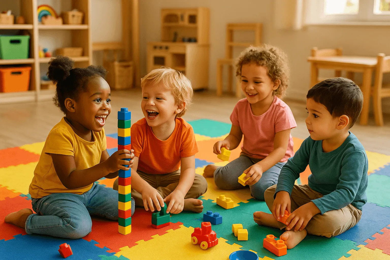 vrolijke peuters spelen samen op kleurrijke speelmat in kinderdagverblijf