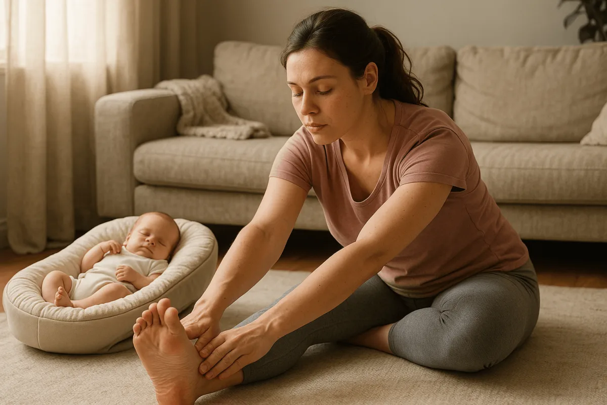 vrouw doet lichte strekoefeningen postnatale herstel thuis