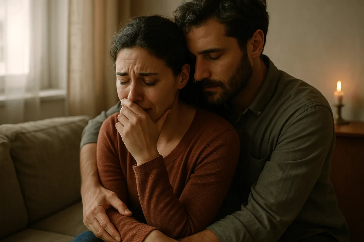 vrouw wordt getroost door partner na zwangerschapsverlies thuis