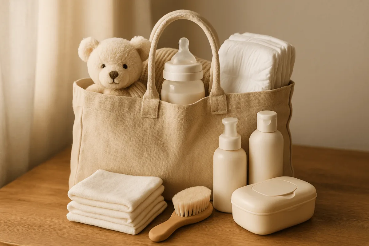 warme kraamtas gevuld met praktische babyproducten en verzorging