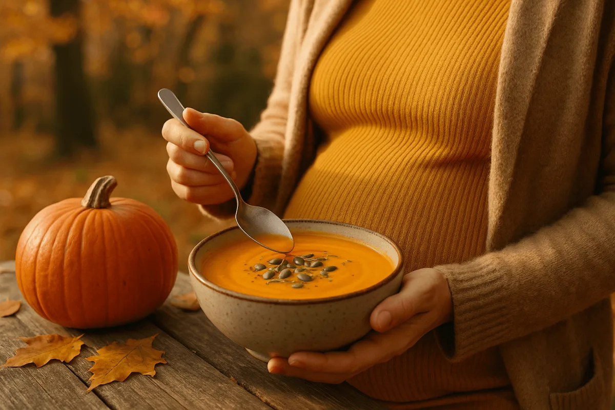warme pompoensoep in kom herfst dag zwangerschap maaltijd