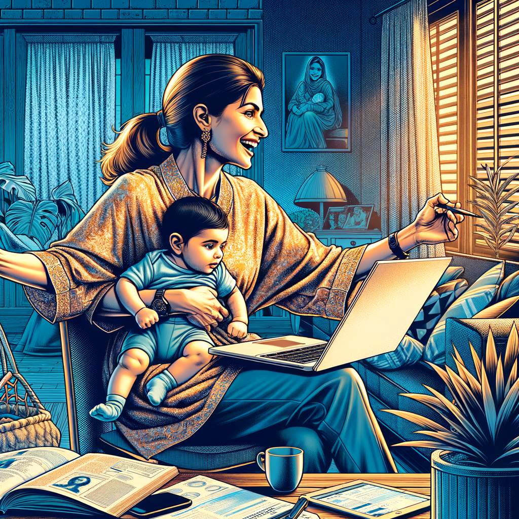 werkende moeder achter laptop met baby op schoot thuis