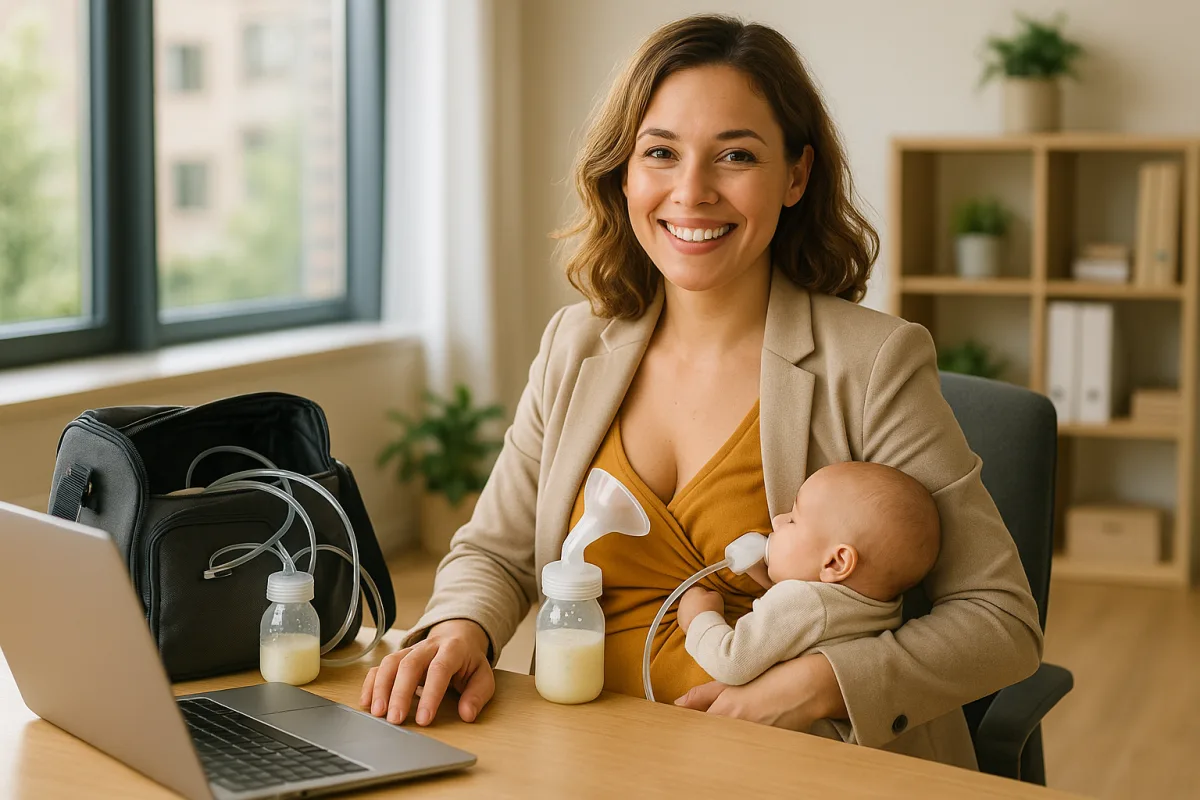werkende moeder met kolftas en laptop op kantoor, vrolijk en ontspannen