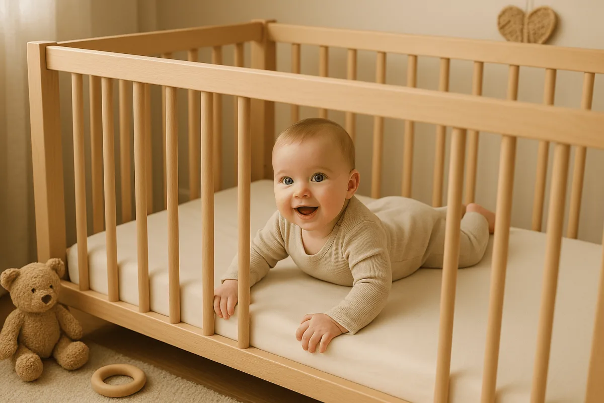 zes maanden oude baby in ledikant met verlaagde bodem veilig ingericht