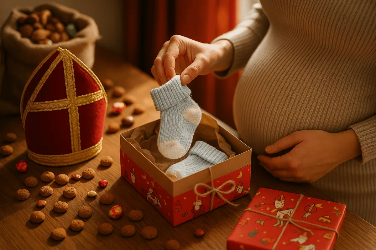 zwanger Sinterklaas viering aankondiging surprise doos met babysokjes