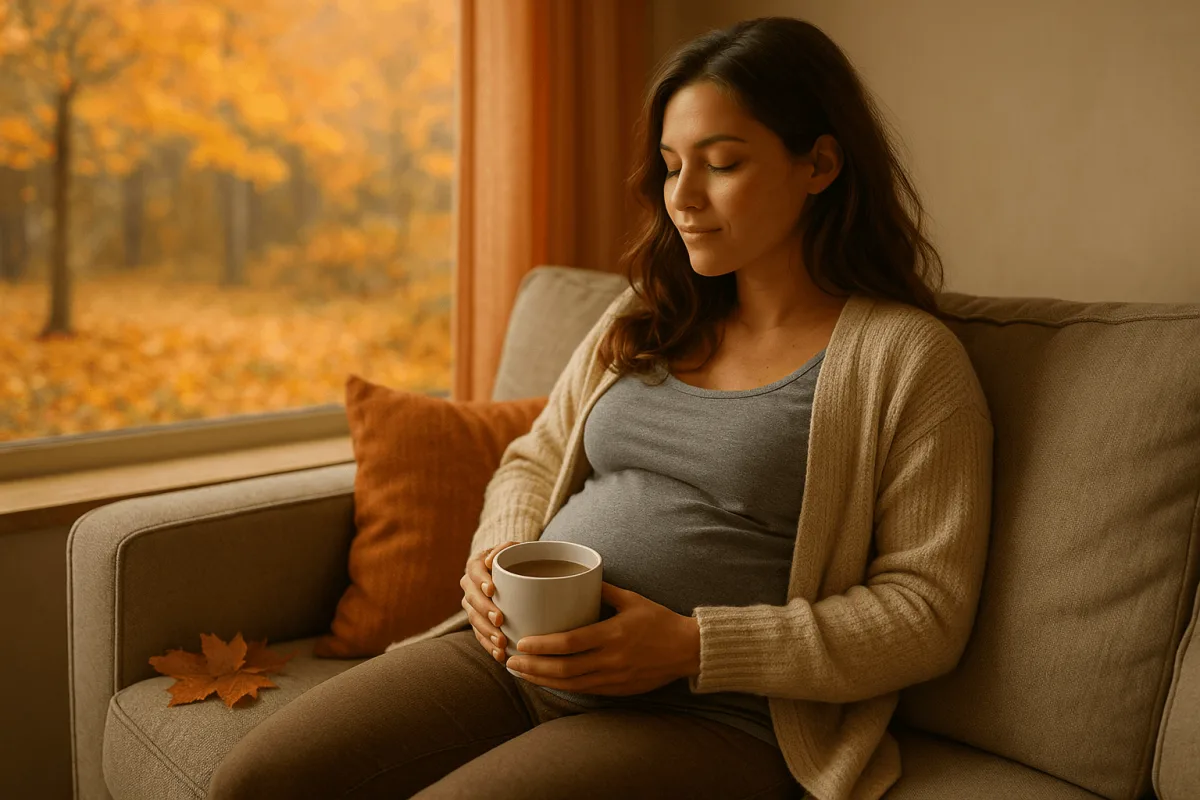 zwanger vrouw zit rustig op bank met warme thee herfst