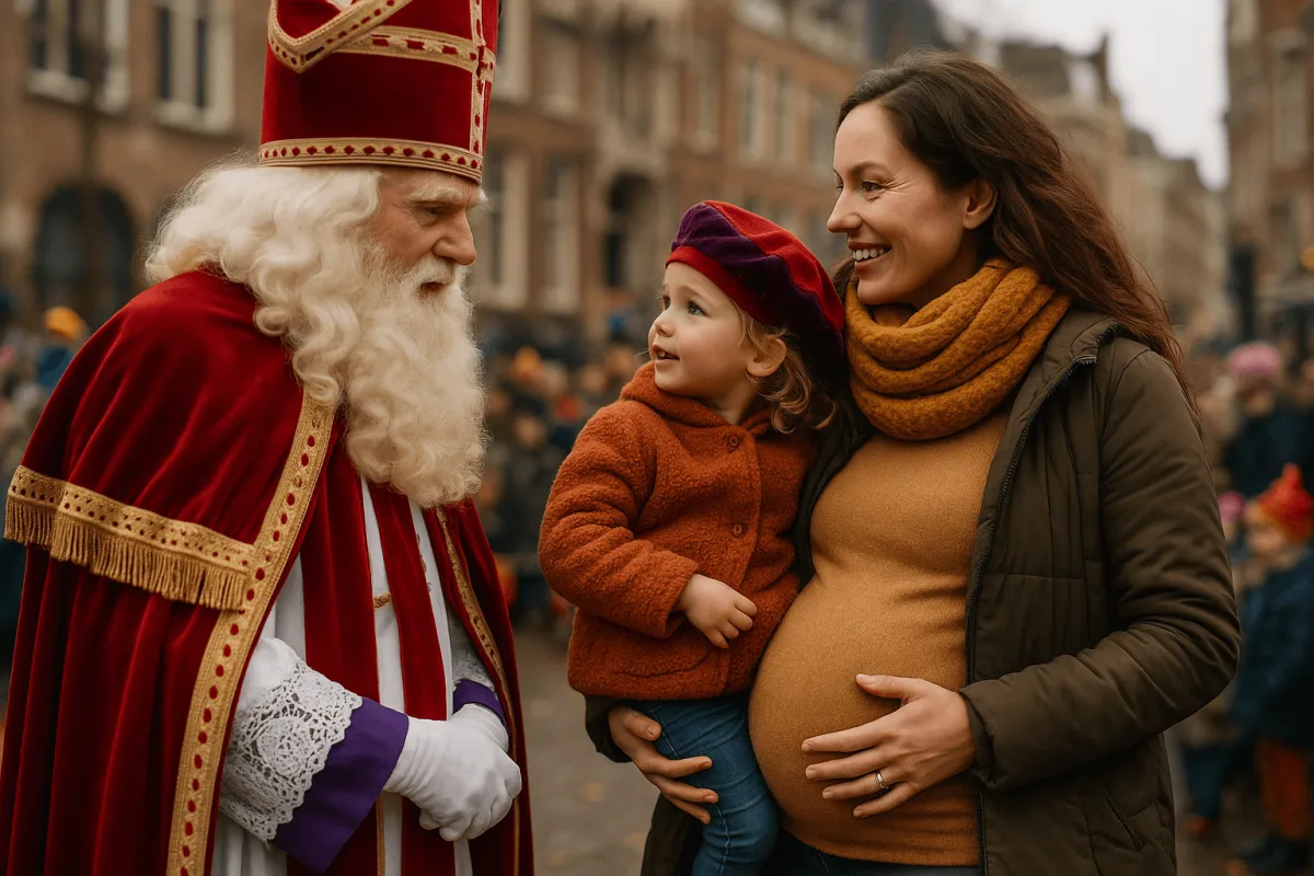 zwangere moeder met kind bij Sinterklaas intocht buiten in de stad