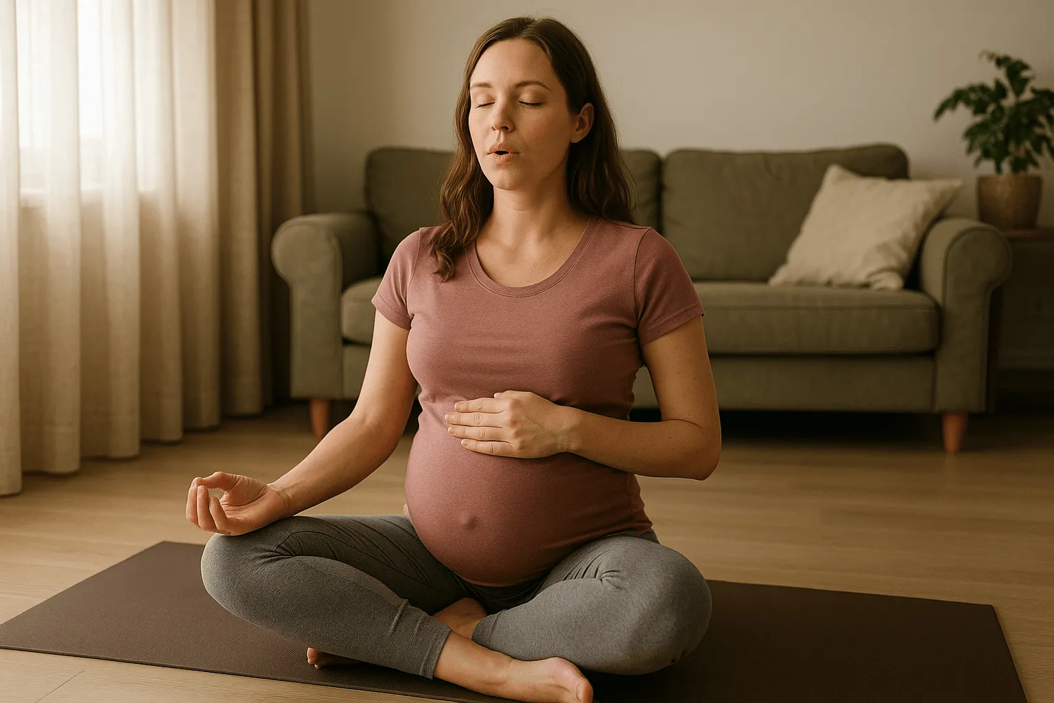 zwangere vrouw ademhalingsoefening doet op yoga mat thuis