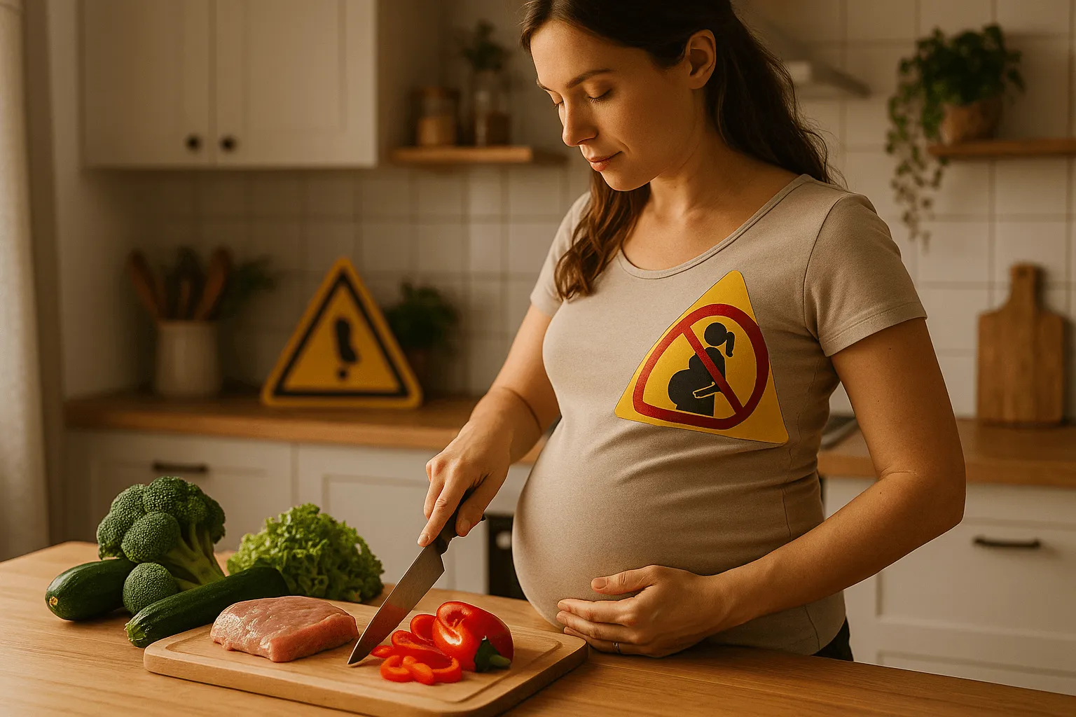zwangere vrouw bereidt veilige maaltijd in keuken, groenten vlees