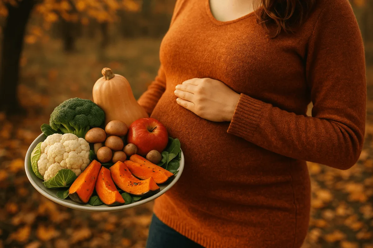 zwangere vrouw met bord seizoensgroenten oktober herfst voeding