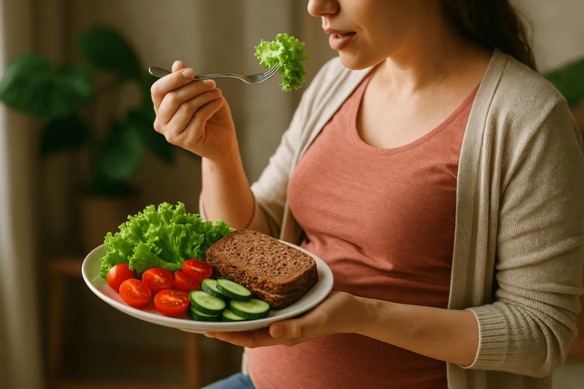 zwangere vrouw met bord volkorenbrood en verse groenten gezonde lunch