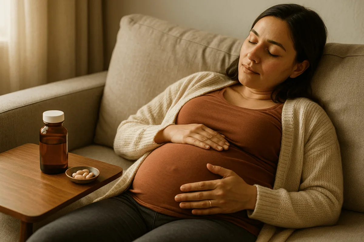 zwangere vrouw in derde trimester rust op bank met hand op buik