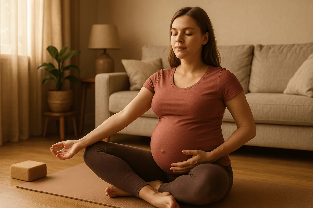 zwangere vrouw doet yoga oefeningen ter voorbereiding op kraamtijd