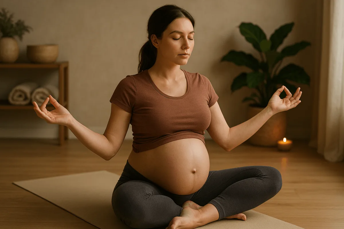 zwangere vrouw doet yoga ter voorbereiding op bevalling