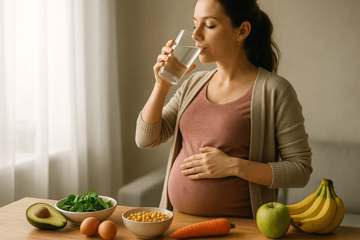 zwangere vrouw drinkt water gezonde hydratatie tijdens zwangerschap