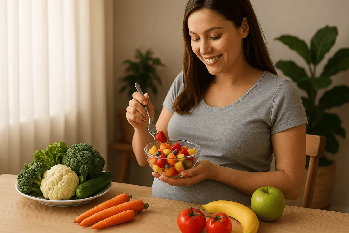 zwangere vrouw eet gezond fruit en groenten ter preventie zwangerschapsdiabetes