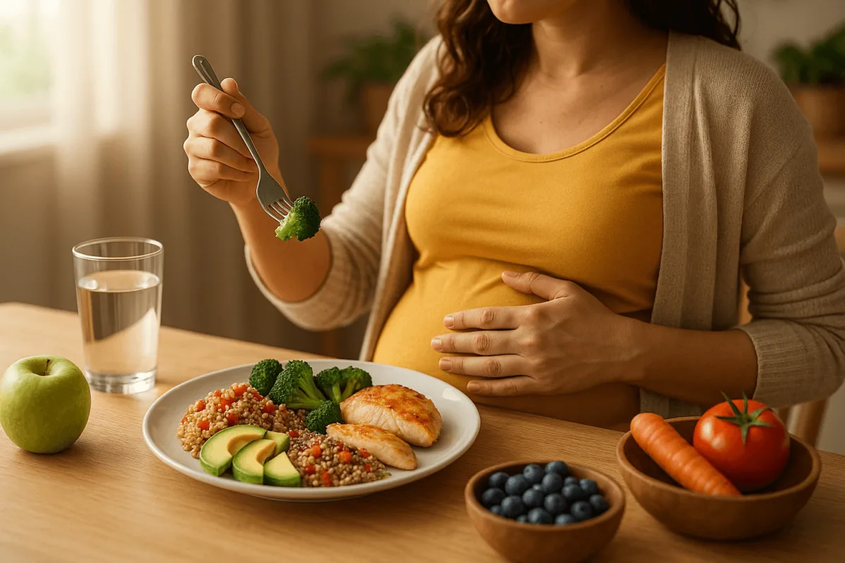 zwangere vrouw eet gezonde maaltijd tweede trimester voeding tweede trimester zwangerschap