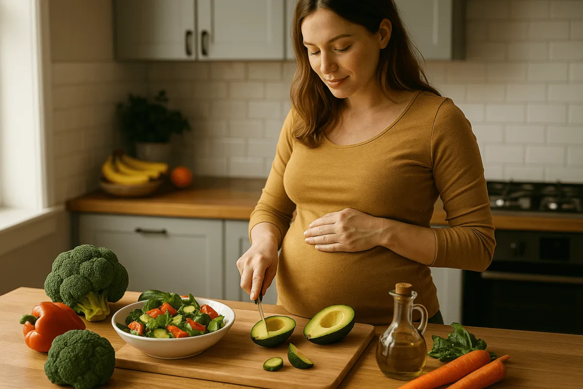 zwangere vrouw gezonde maaltijd bereiden in keuken derde trimester