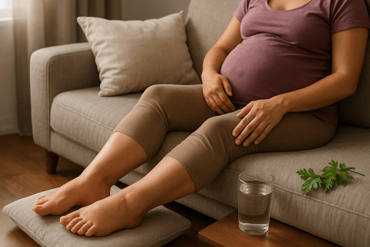 zwangere vrouw met gezwollen voeten en enkels op bank