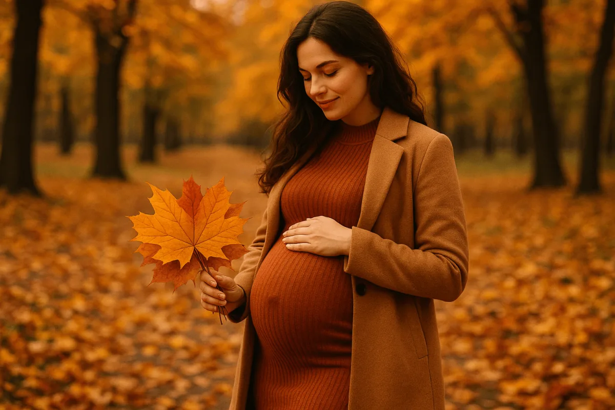 zwangere vrouw in herfstpark met october bladeren, zwanger oktober najaar