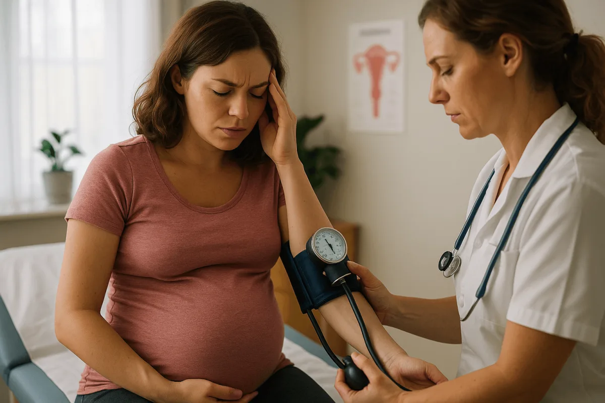 zwangere vrouw met hoge bloeddruk bij verloskundige zwangerschapsvergiftiging symptomen