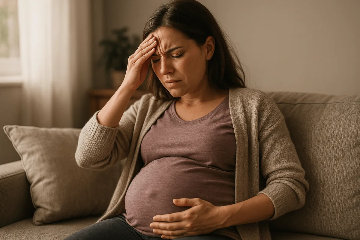 zwangere vrouw met hoofdpijn op bank bezorgd uitziend