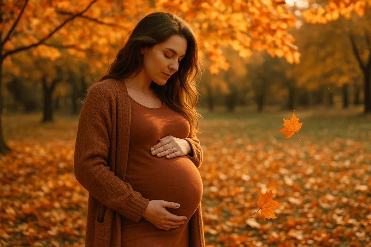 zwangere vrouw hoogzwanger buik week 35 herfst buitenlucht