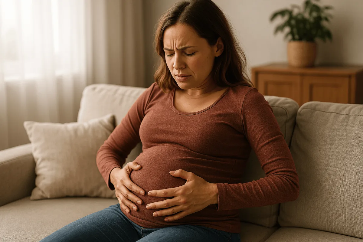 zwangere vrouw houdt handen op harde buik thuis