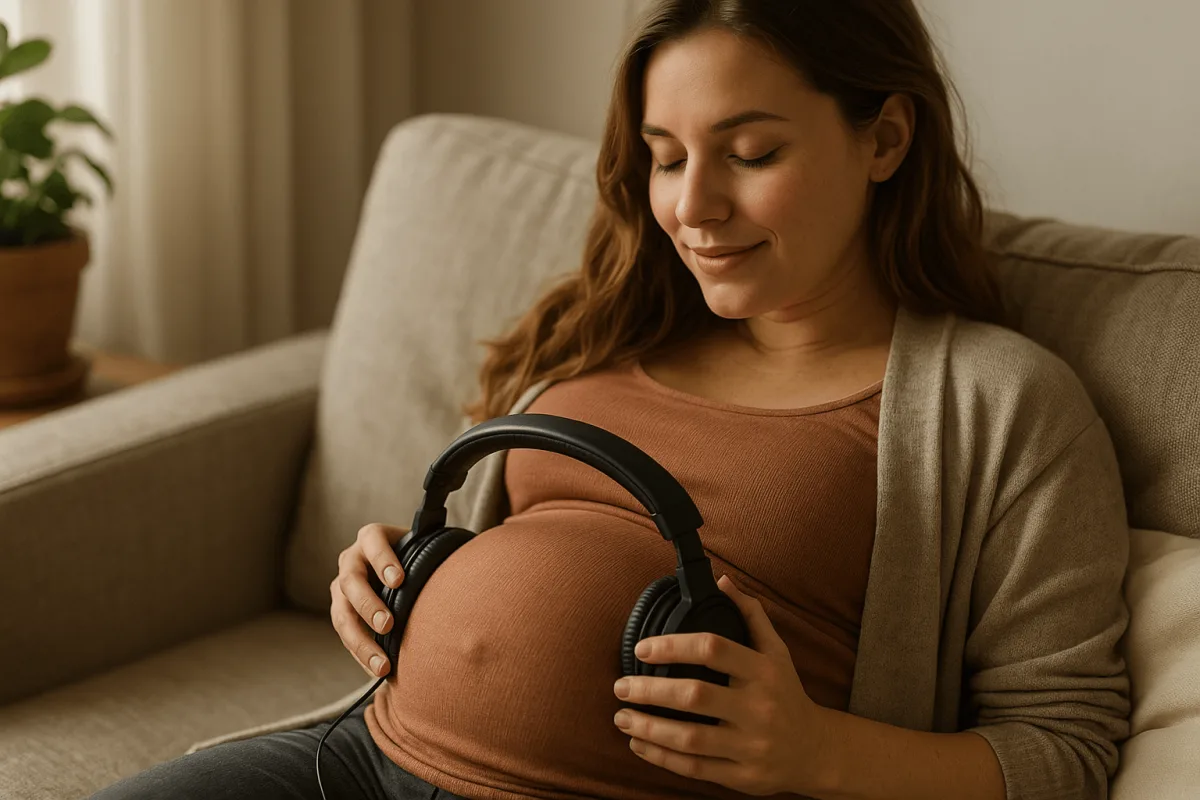 zwangere vrouw met koptelefoon op buik muziek luisterend
