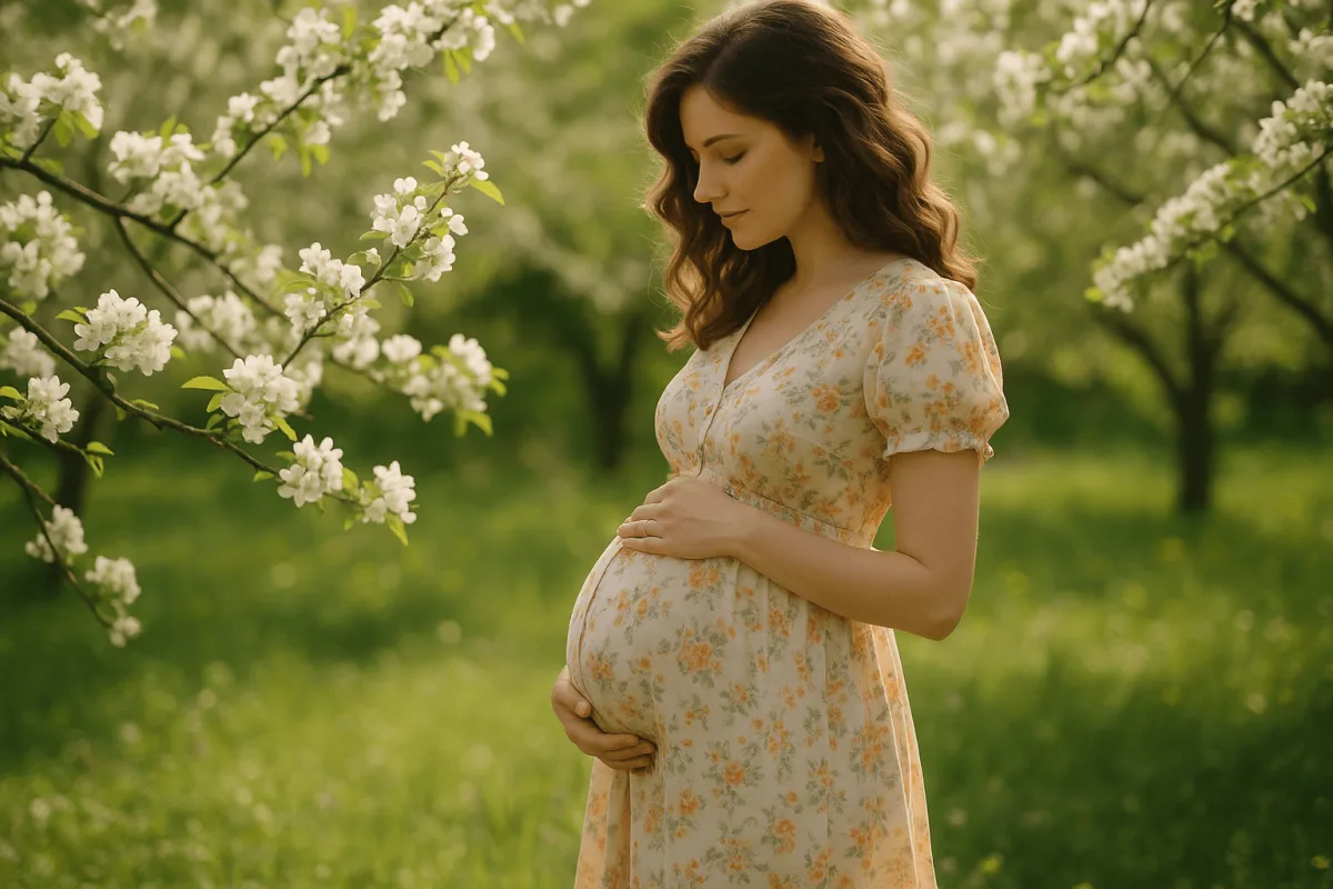 zwangere vrouw in lentejurk in bloeiende tuin staand, zwanger aanpassingen garderobe comforttips