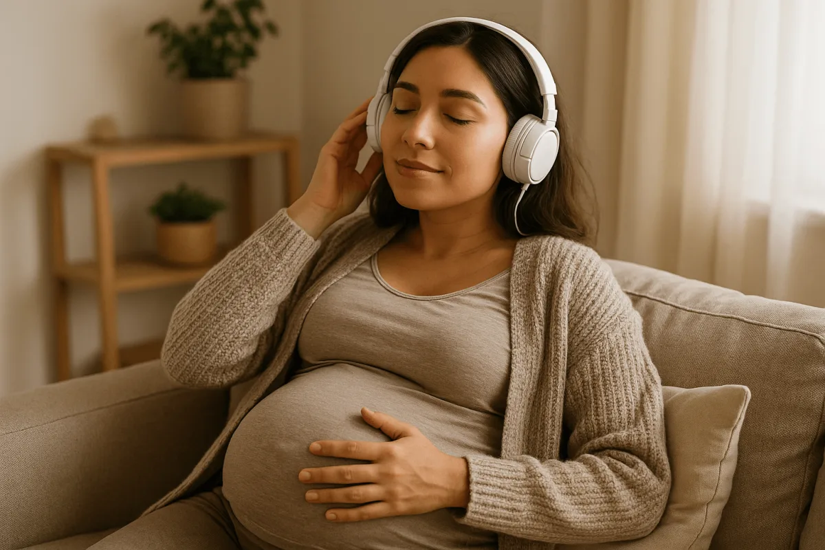 zwangere vrouw luistert rustig naar muziek met koptelefoon thuis