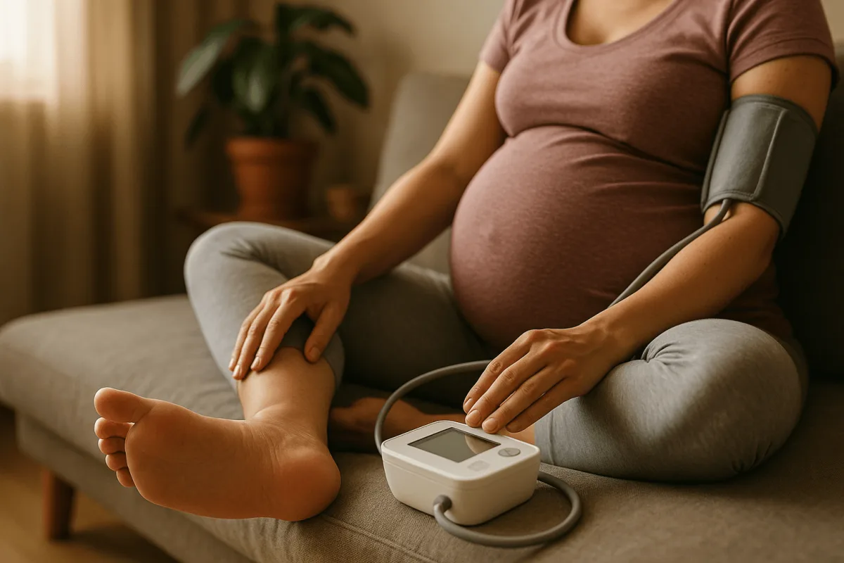 zwangere vrouw meet bloeddruk thuis met bloeddrukmeter