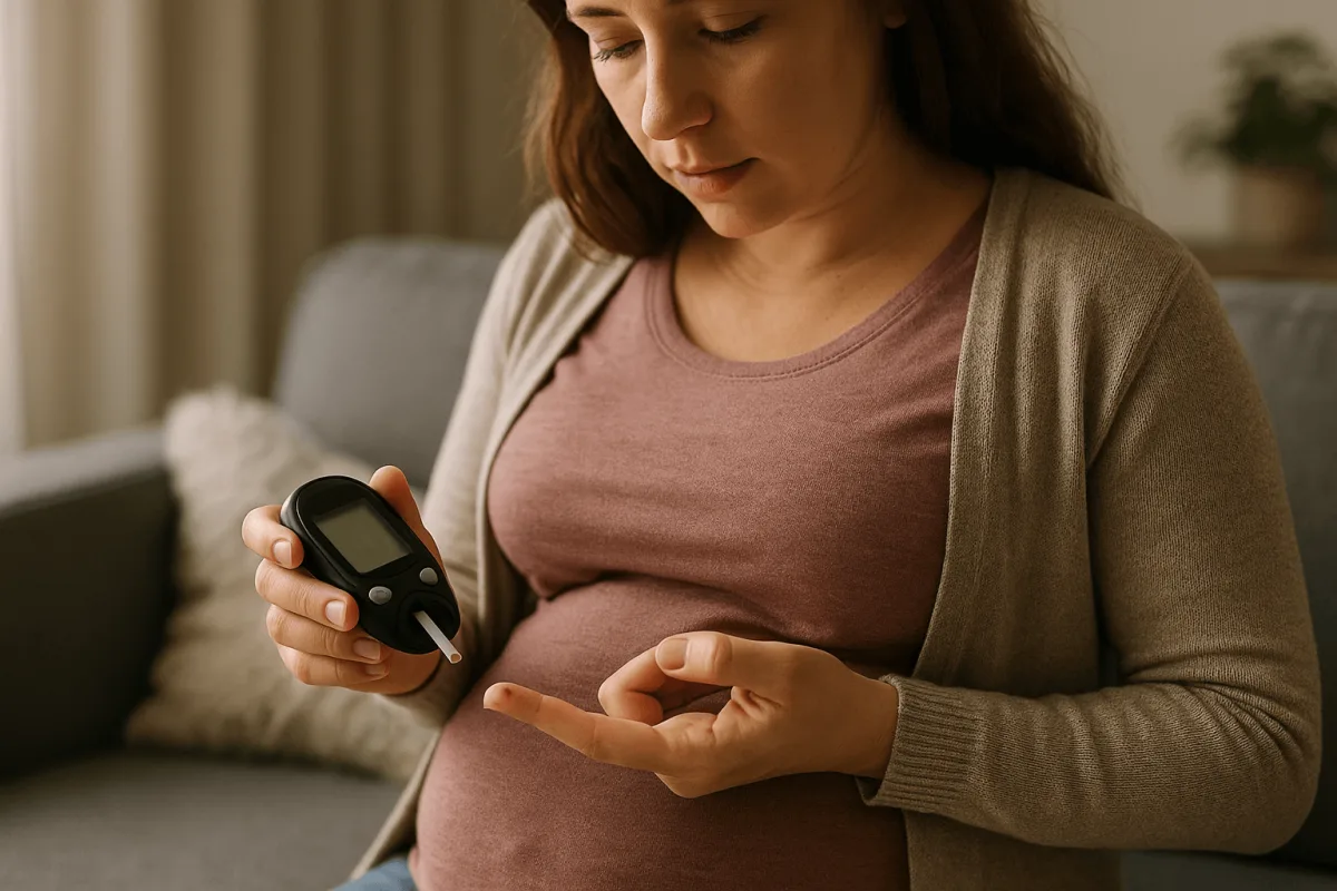 zwangere vrouw meet bloedsuiker thuis met glucosemeter zelfcontrole