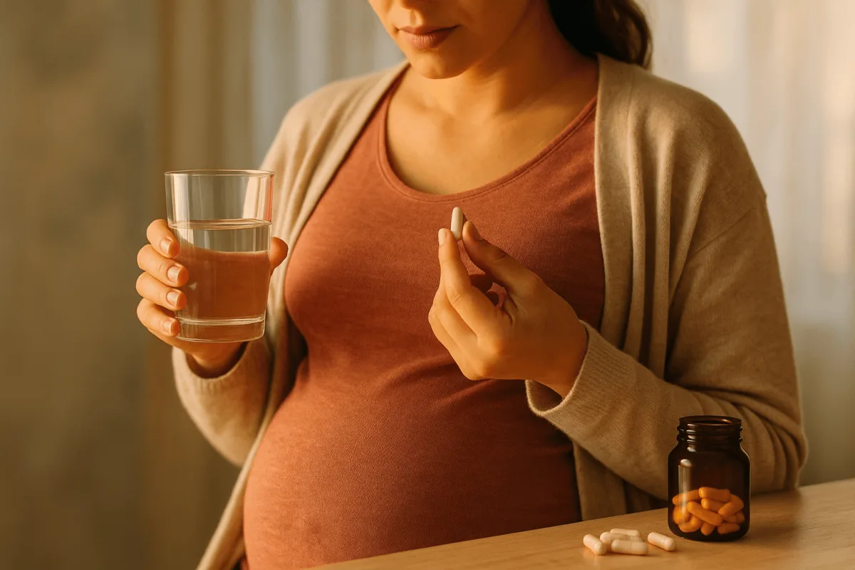 zwangere vrouw neemt magnesium supplement met glas water, magnesium zwangerschap belang