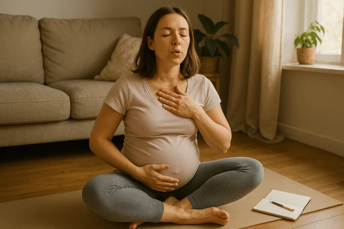 zwangere vrouw oefent ademhalingstechnieken bevalling voorbereiding thuis