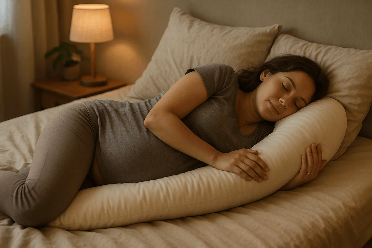 zwangere vrouw ontspant met kussen op linkerzij slaappositie comfort